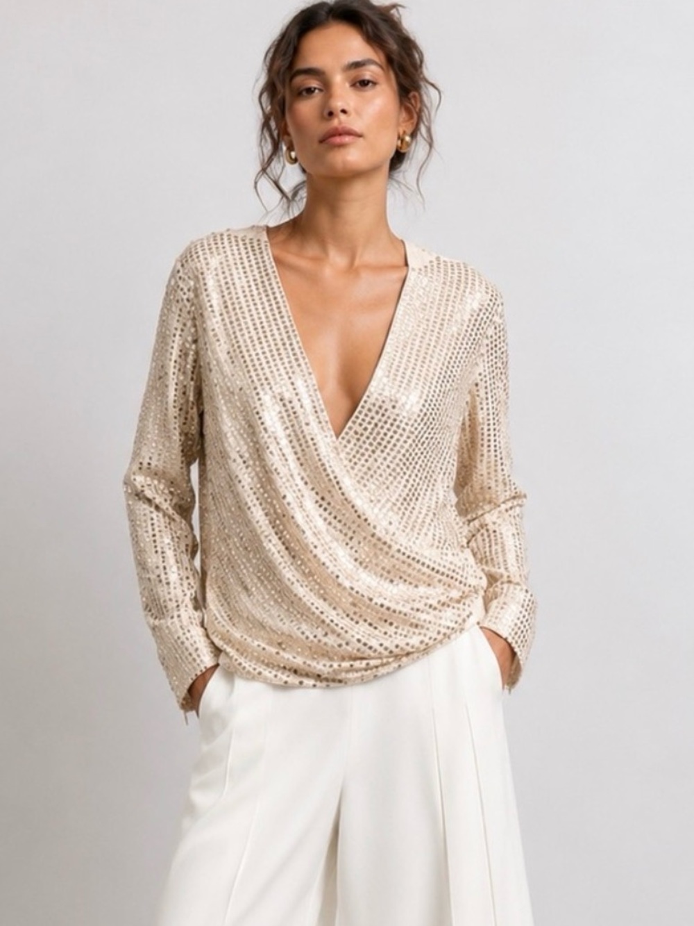 Zara Woman Gold Sequin V-neck long sleeve wrap blouse-medium